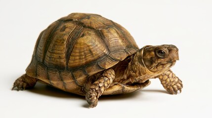 Fototapeta premium Calm wildlife portrait of a box turtle on a plain white surface with soft shadows and crisp details