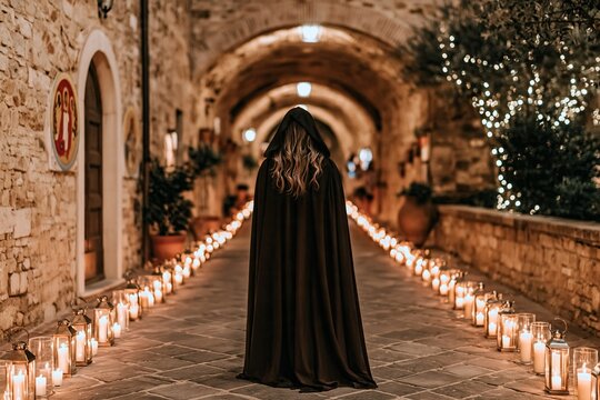 A cloaked figure walks down a narrow alley in a medieval town. Lanterns line the path creating a soft glow in the evening light