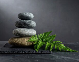 Zen stones stacked with green fern leaves on dark slate surface © Танюша Коновал