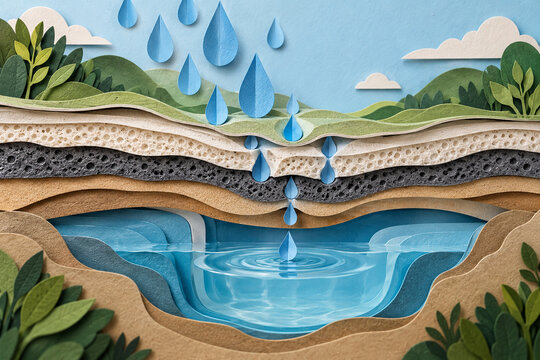 Cut paper water droplets pass through layered membrane shapes into a clear reservoir illustrating freshwater conservation and careful resource use