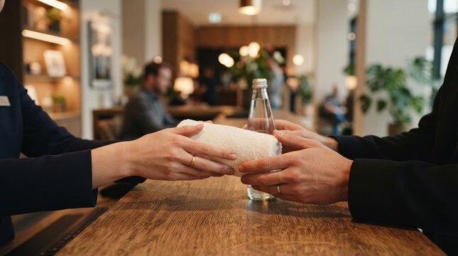 Receptionist handing a warm towel and bottled water to a customer at a modern wood counter reception desk