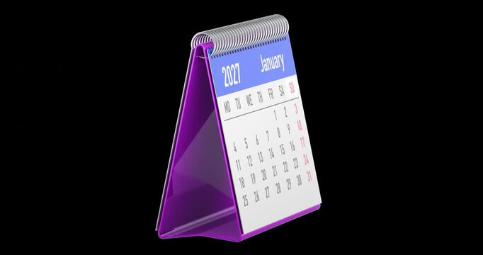 January 2027 desk flip calendar rotation animation seamlessly loopable. 3D rendering isolated on transparent background