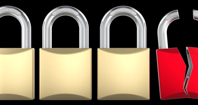 Camera moving along a row of padlocks with one broken red lock animation seamlessly loopable. 3D rendering isolated on transparent background