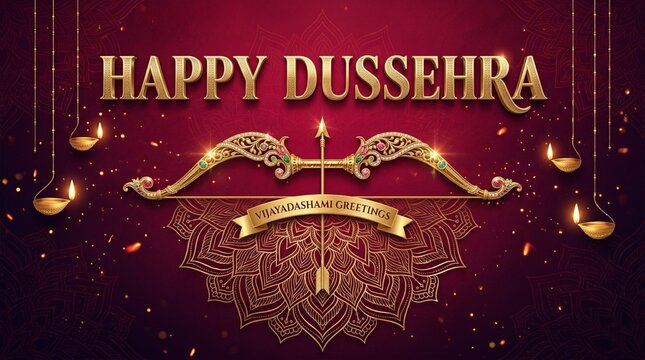 Happy Dussehra Vijayadashami Greeting with Golden Bow and Arrow on Red Ornamental Backgroun