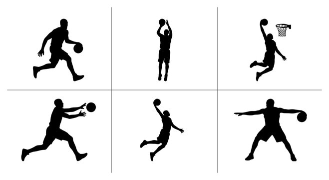 Basketball player silhouettes set with dribbling, shooting, dunking and passing actions for sports logos and signage