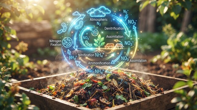 Compost heap in garden with nitrogen cycle infographic. Organic waste decomposition and soil fertility. Nitrogen fixation, nitrification and sustainable gardening