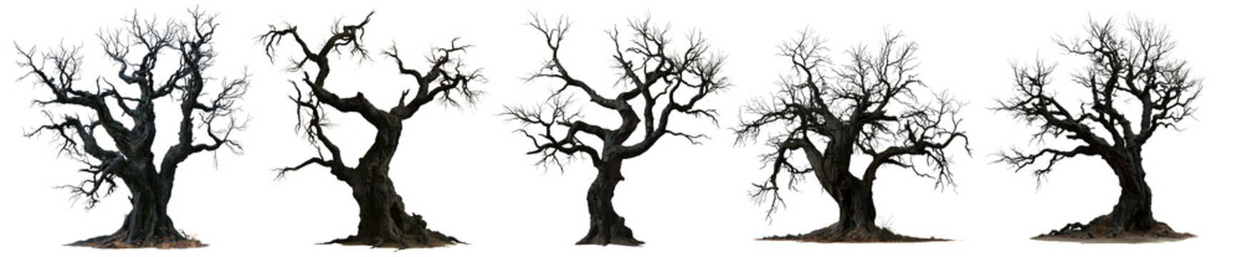 Five bare gnarled trees with twisted branches isolated on white. Halloween silhouette set, dead oaks and spooky forest design elements