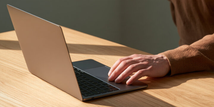 Person Working On Laptop At Wooden Desk