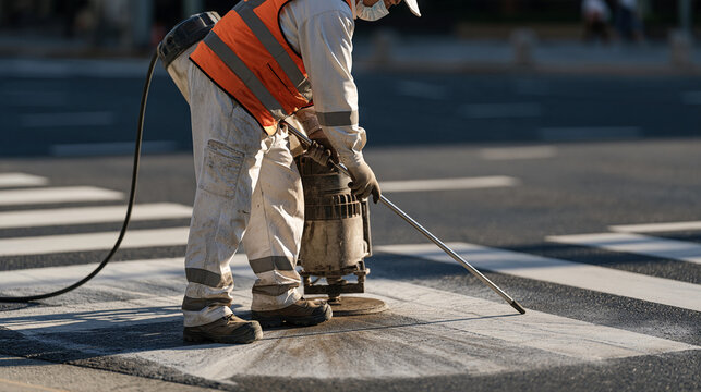 Road marking removal technician using scarifying grinder to strip faded paint from urban intersection surface, dust extraction attached, municipality infrastructure maintenance