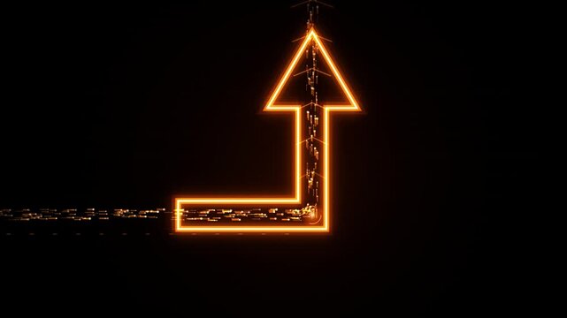 Glowing neon arrow sign pointing upward, abstract digital growth concept, business success and financial progress animation