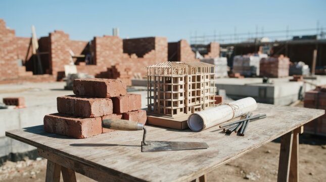 New housing construction with brick stack, miniature apartment frame, rolled plans, rebar bundles, and steel trowel on a site table