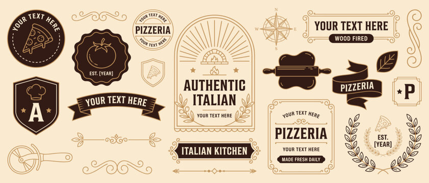 Authentic Italian pizzeria badges. Wood fired kitchen logo frames, labels, ribbon banners and shields. Elegant brown line art with tomato, rolling pin, compass rose, laurel wreath, flourish dividers. 