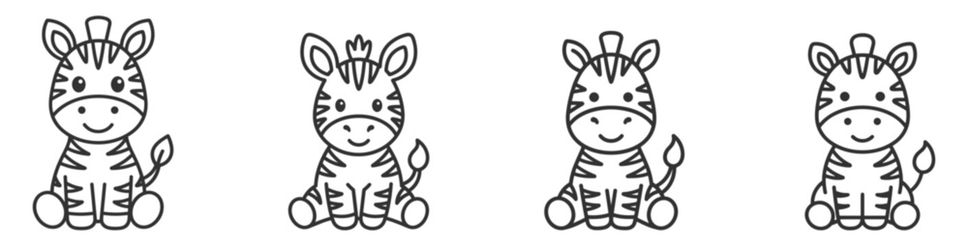 cute cartoon zebras line art set vector illustration animal characters on transparent background
