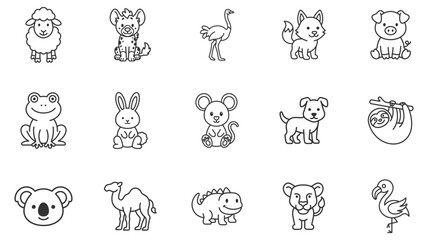 set of outline cartoon animal icons including sheep hyena ostrich fox pig frog rabbit mouse dog sloth koala camel stegosaurus lion and flamingo on transparent background © gerik_a