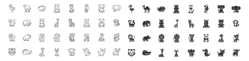 Obraz premium set of black and white cartoon wild animals icons vector illustration collection on transparent background