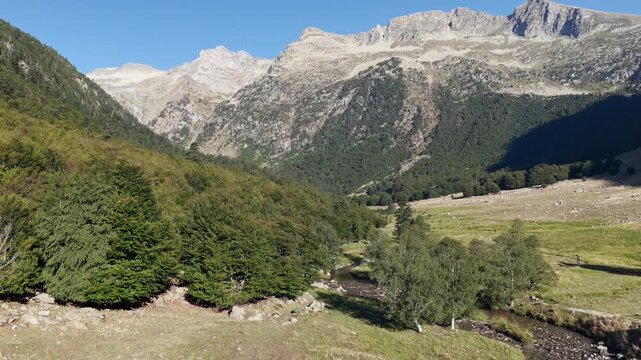 Aerial view of Cascada de Molieres waterfall cascading through alpine forest and granite mountain peaks, Val d'Aran, Pyrenees, Spain