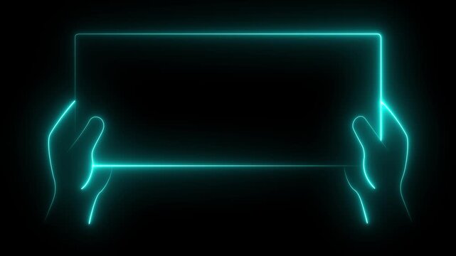 glowing neon hands holding up a blank rectangle business card icon isolated on a transparent background. motion graphic of a business card concept. 4k video