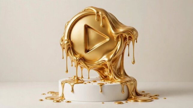 Play button dourado derretendo como cera sobre pedestal branco