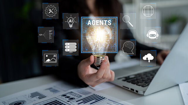 Business Professional Holding Light Bulb with AI Icons Representing Innovation and Technology in Modern Workplace Environment. Glyphic.