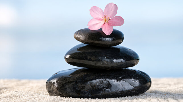 Zen Still Life  Stone Balance with Cherry Blossom Petal