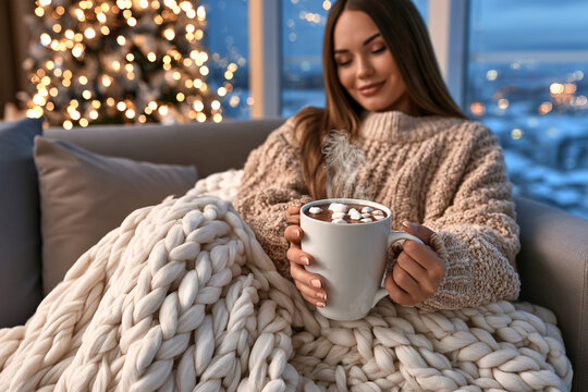 Warm Winter Escape, Soft Light Blurred Holiday Tree, Comforting Cozy Sweater