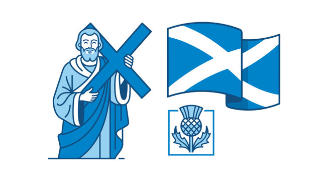 A flat design illustration featuring Saint Andrew holding a cross next to the Scottish flag and a thistle emblem.