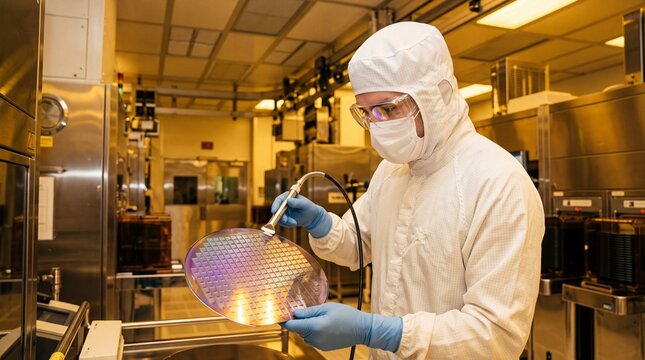 Cleanroom Technician Inspecting Silicon Wafer in Semiconductor Fabrication Facility