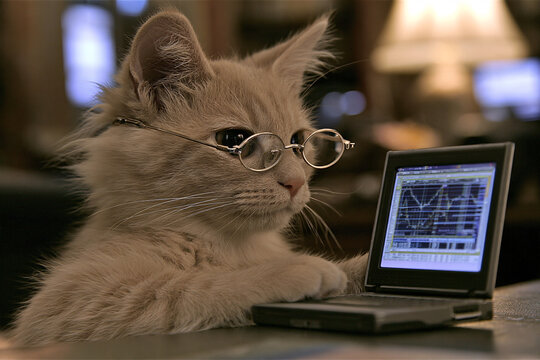 Cute Cat in Office, Wearing Glasses, Typing on Mini Laptop with Financial Charts, Serious Expression