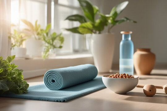 Towel and nuts on wooden table