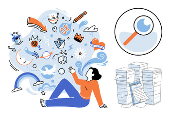 Person brainstorming ideas with floating icons and research documents vector illustration. Creativity, problem solving, data analysis, project management, information search, business strategy © Dmytro