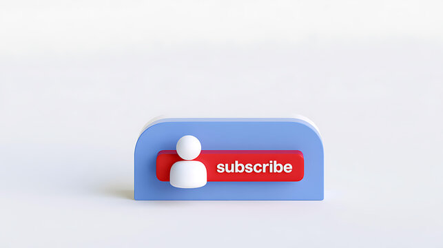 3D render of a red subscribe button with white user icon on a blue platform isolated on light background for digital media channels