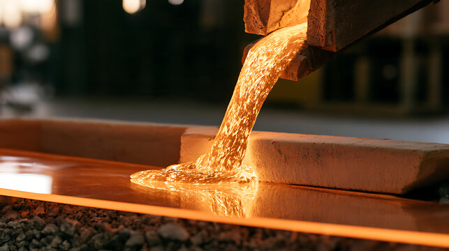 Molten metal pour in heavy industrial factory casting process. Glowing liquid steel flow close up view for metallurgy concept banner