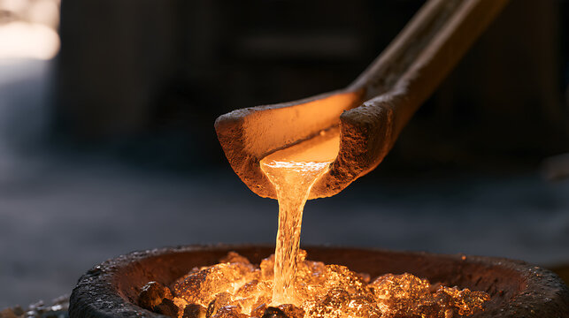 Molten metal pour in industrial foundry for metal casting process, glowing liquid iron stream flowing into mold for manufacturing work