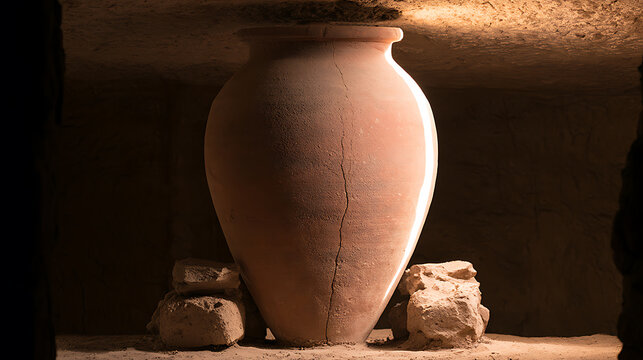 Ancient clay jar discovered in a dark underground cave archaeological excavation site, lit by soft directional light revealing the pottery