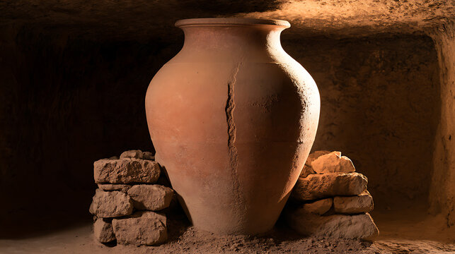 Ancient clay storage jar illuminated in a dark underground cave archaeological discovery historical artifact antiquity culture heritage excavation