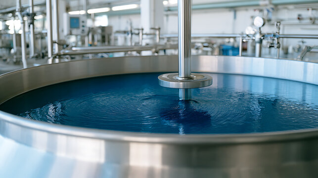 Industrial manufacturing facility interior with large stainless steel mixing tank and blue liquid solution during process production sector
