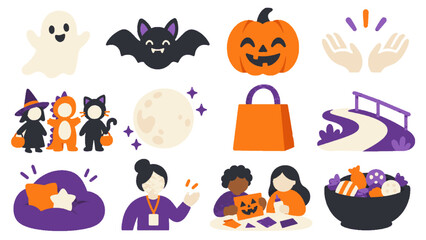 Fototapeta premium 子供たちが楽しむハロウィンの行事を描いたやさしいアイコンセット（生成AI）
