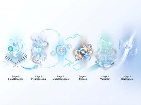 Machine learning pipeline showing six distinct stages from data collection to deployment, representing artificial intelligence development.