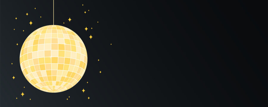 Shining disco ball, glitter ball, golden mirror tiles globe illustration, with stars on black background. Nightlife, dance party, nightclub. New Year celebration, decoration. Vector design elements