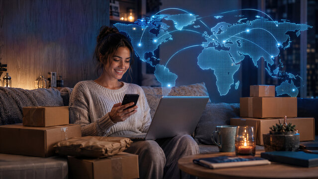 Woman shopping online with smartphone and laptop among parcels at home. Cyber Monday and big online sale. Global ecommerce and digital delivery concept. Online retail, secure payment