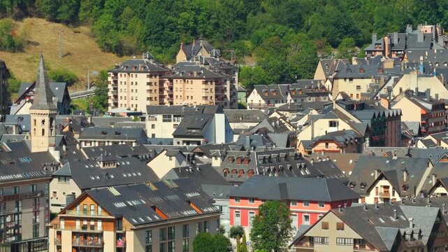 Aerial view of the mountain village of Vielha and slate-roof stone architecture in Val d'Aran, Spanish Pyrenees