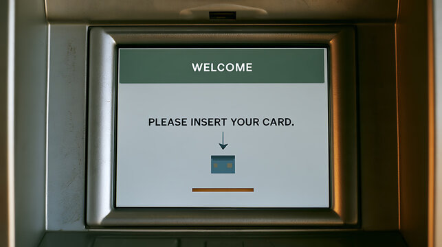 Close up view of an ATM screen displaying welcome message and instructions to insert bank card for financial transaction in a secure branch