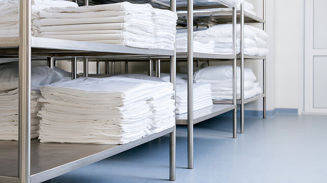 Clean white folded bed linen and towels stacked neatly on metal shelves inside a commercial laundry facility room storage interior scene view