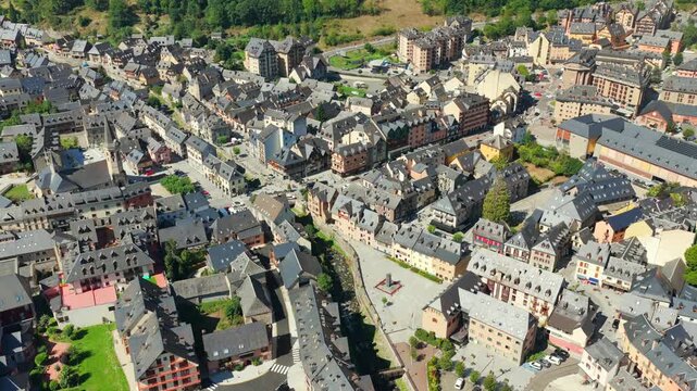 Aerial view of the mountain village of Vielha and slate-roof stone architecture in Val d'Aran, Spanish Pyrenees