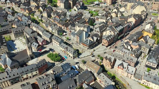 Aerial view of the mountain village of Vielha and slate-roof stone architecture in Val d'Aran, Spanish Pyrenees