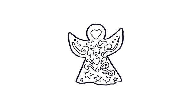 Hand drawn Christmas angel line art vector illustration with heart and star patterns isolated on white background for holiday decoration and craft design.