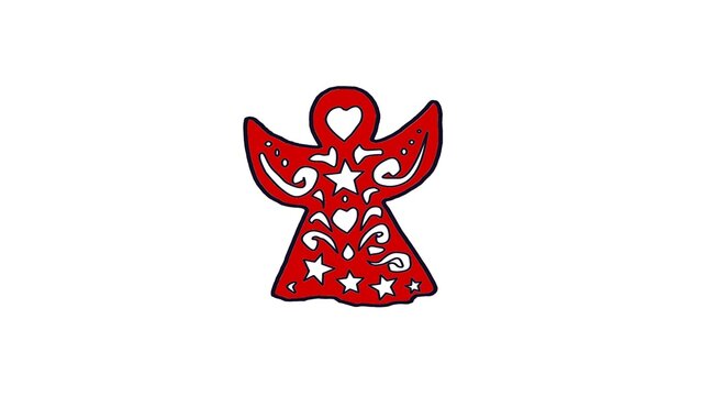 Red Christmas angel vector icon with stars and hearts isolated on white background for holiday decoration and craft design.