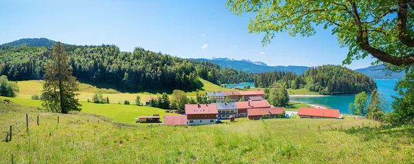 Sachenbach settlement on the shores of Lake Walchensee, with a view of the Alps © SusaZoom