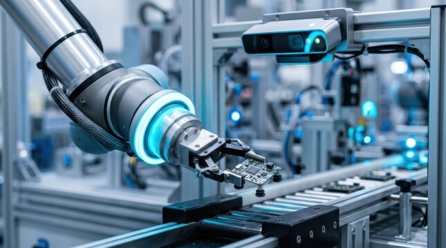 Physical AI in manufacturing with collaborative robot arm, depth camera, conveyor rollers, and glowing sensor rings in a clean production cell.