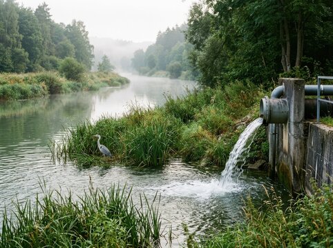 Waterway wetland with mist and heron by drainage outfall